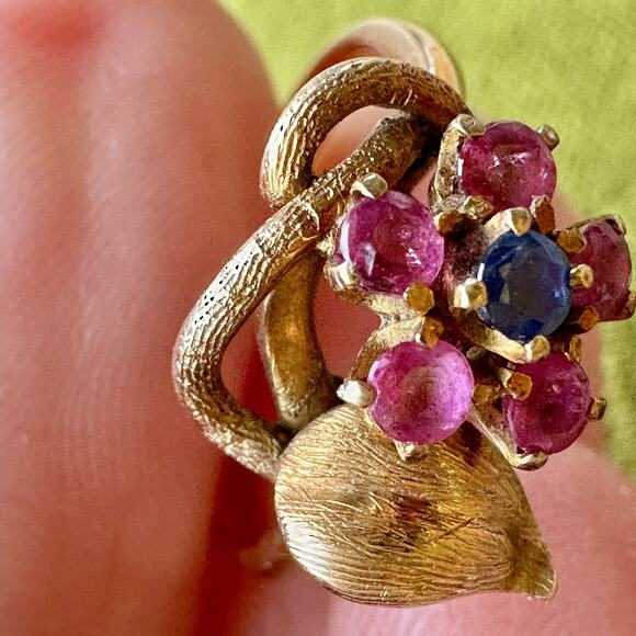 Vintage 14 K flower ruby and sapphire ring - Picture 3 of 9